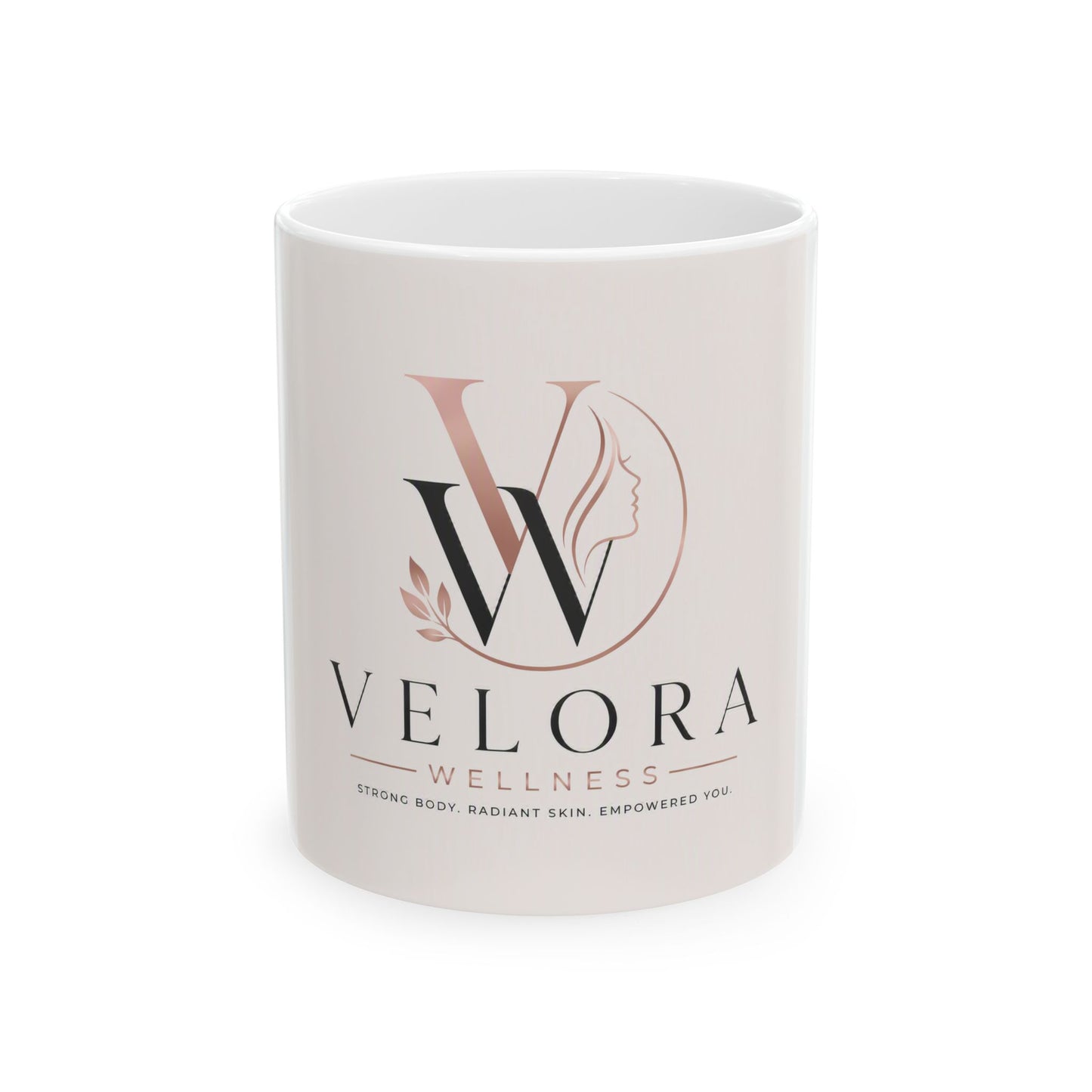 Velora Wellness Ceramic Mug – Elegant Rose Gold Logo Coffee Cup (11oz/15oz)