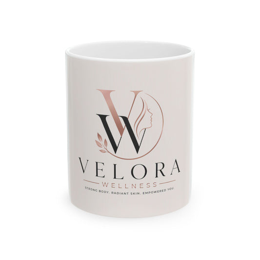 Velora Wellness Ceramic Mug – Elegant Rose Gold Logo Coffee Cup (11oz/15oz)