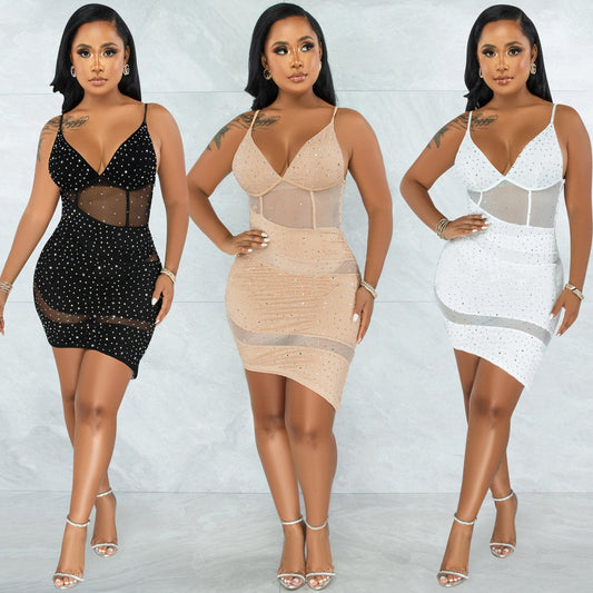 Irregular Hot Diamond Sling Dress for Nightclub