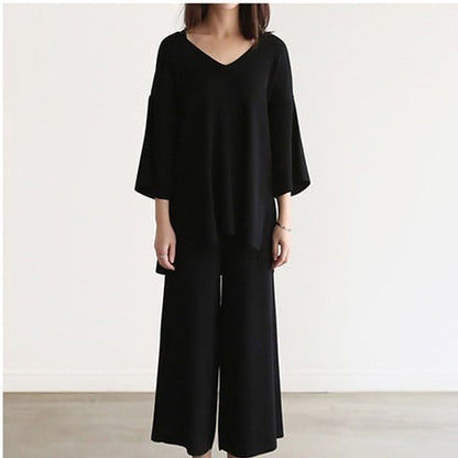 V-neck Blouse and Split Wide-leg Pants Set