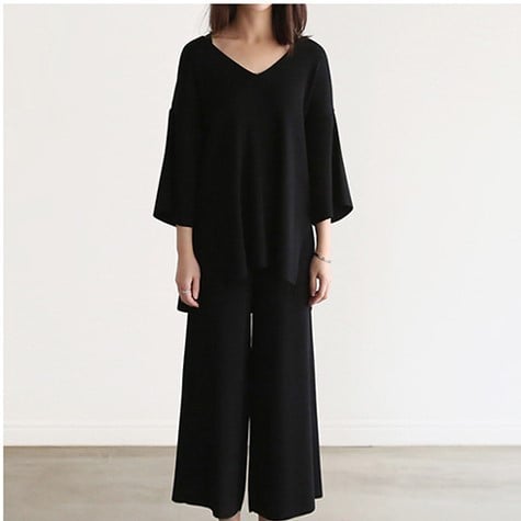 V-neck Blouse and Split Wide-leg Pants Set