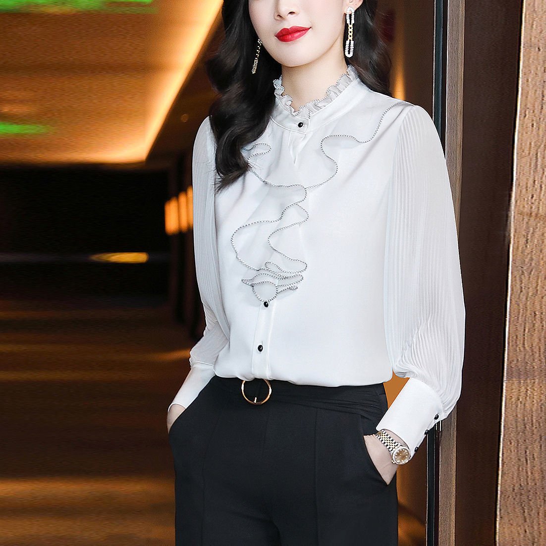 Fashionable Women's Long-sleeved Lotus Leaf Collar Shirt