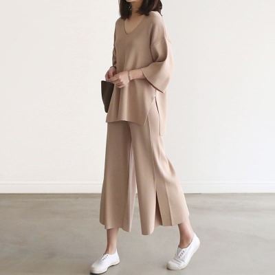 V-neck Blouse and Split Wide-leg Pants Set